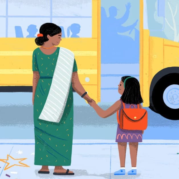 mom and daughter holding hands waiting for school bus