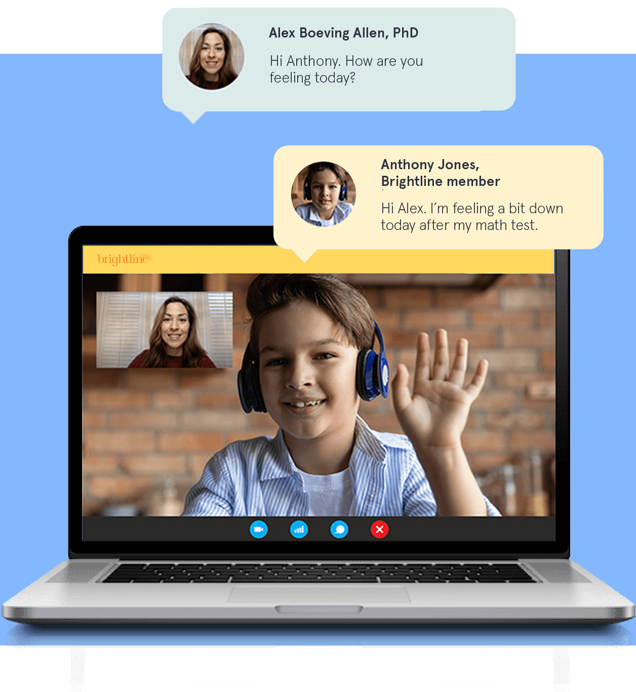 Girl in laptop screen waving to coach during online session, chat bubbles showing their conversation