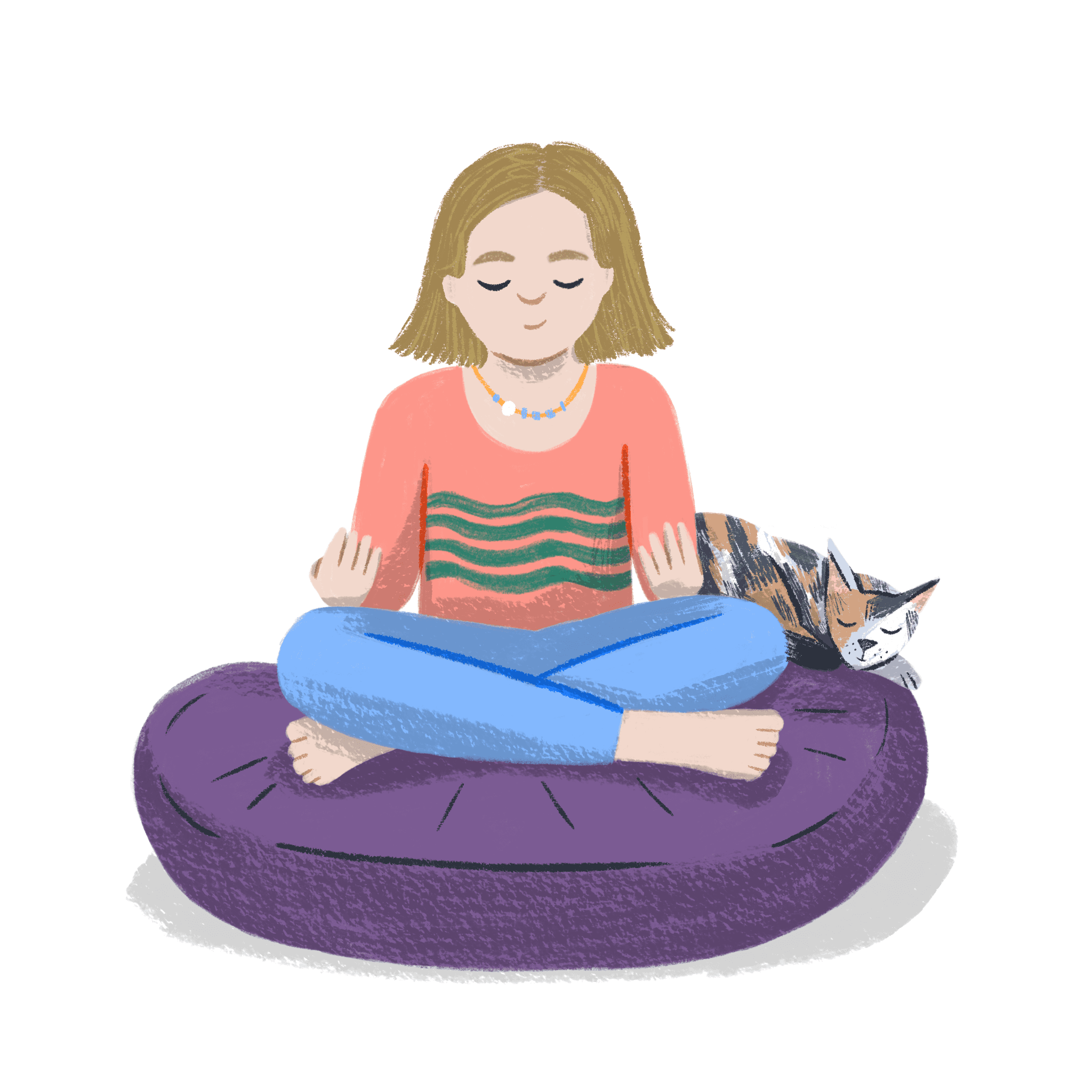 Illustration of girl sitting on pillow and meditating with eyes closed and cat asleep behind her